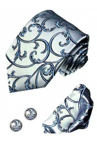 Krawattenset 100% Seide Floral silberblau hellblau LORENZO CANA
