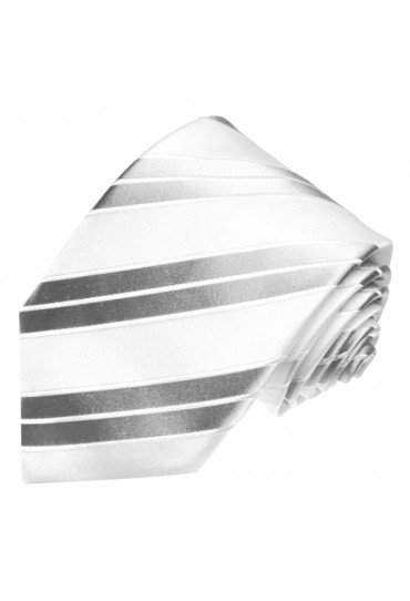 XL Herrenkrawatte 100% Seide Streifen silber weiss LORENZO CANA