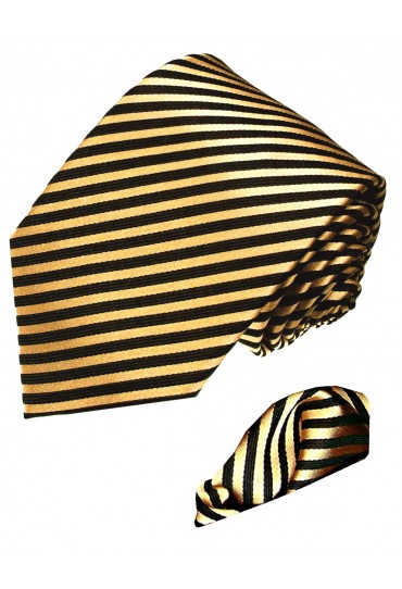 Krawattenset 100% Seide Streifen gold schwarz LORENZO CANA