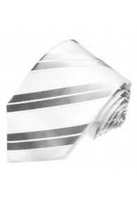 XL Herrenkrawatte 100% Seide Streifen silber weiss LORENZO CANA